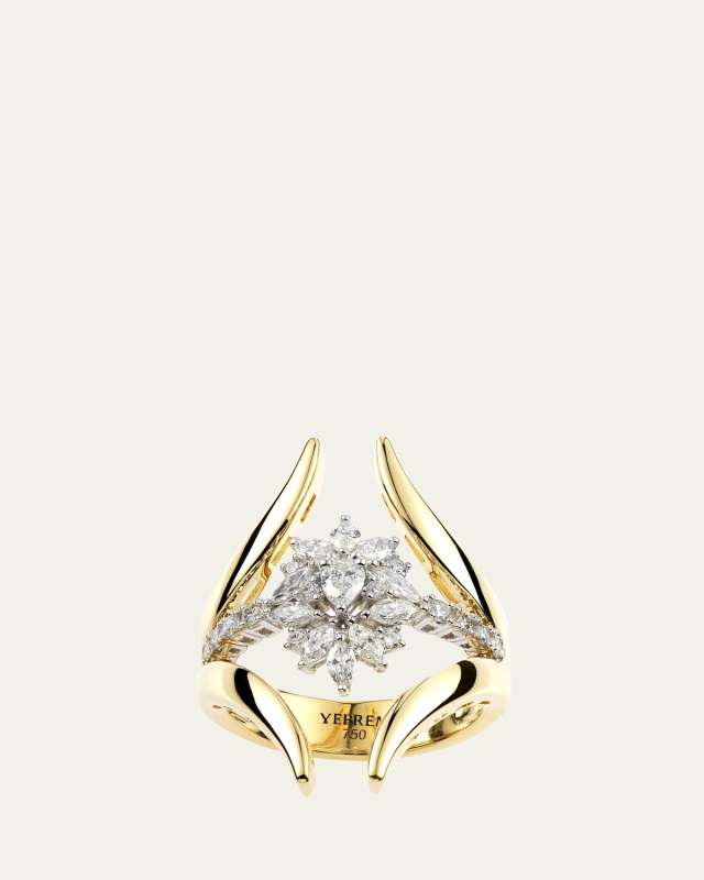 18K Yellow Gold Round, Pear and Marquise Diamond Split Cluster Ring